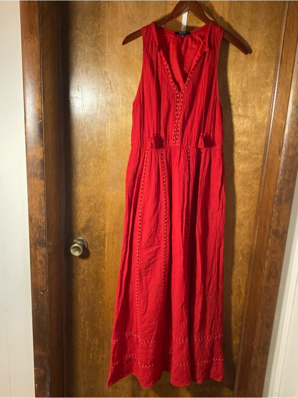 Madewell 1937 100% Cotton Maxi dress Sz 2 Red Keyhole Neckline Boho Hippie Lined